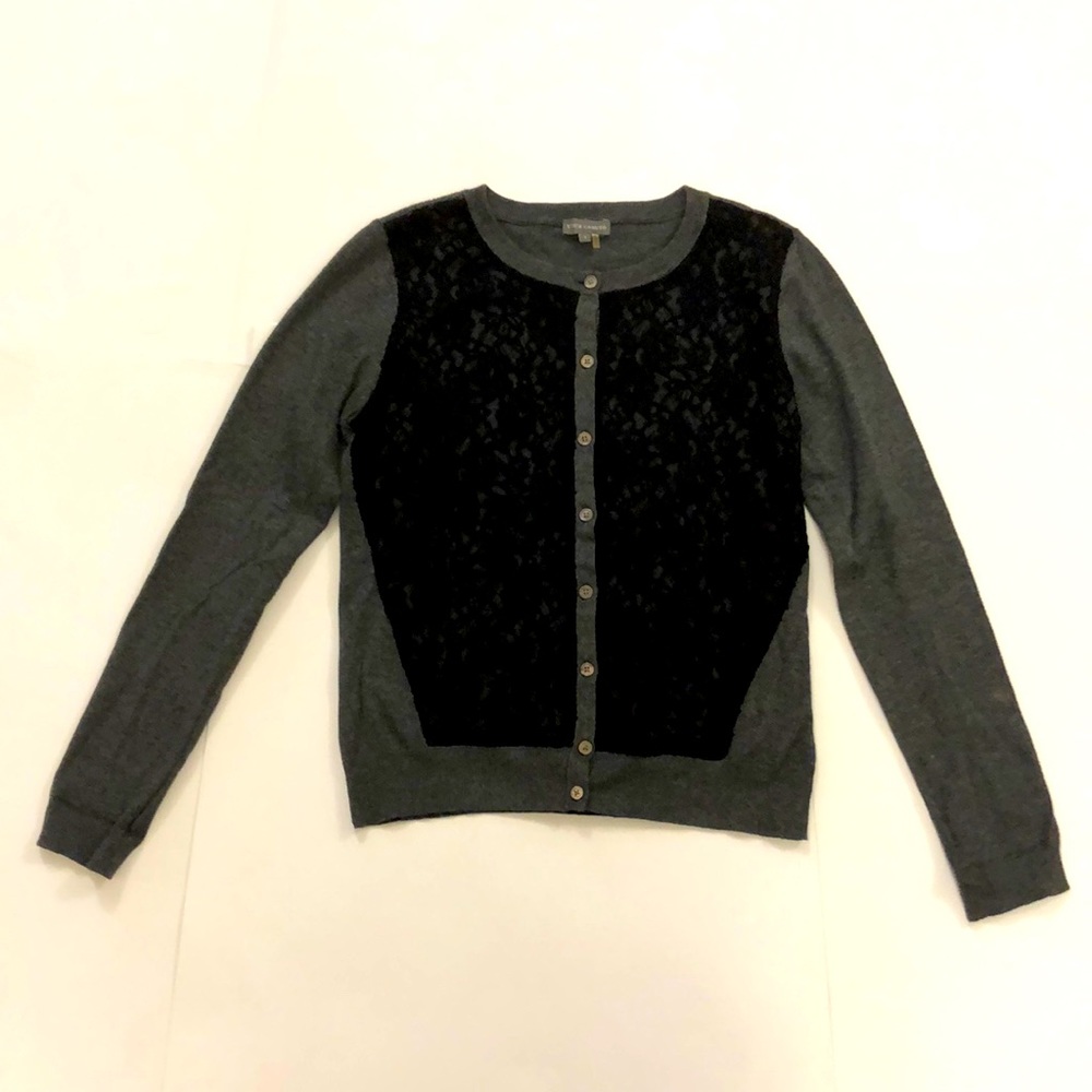 Vince Camuto S Cardigan Grey Sweater Black Lace Button Down Excellent Condition